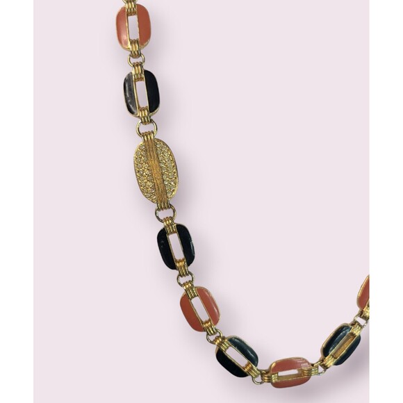 VTG Gold Tone Enamel Orange Black Link Rhinestone Necklace Estate Boho Fashion - Picture 2 of 4